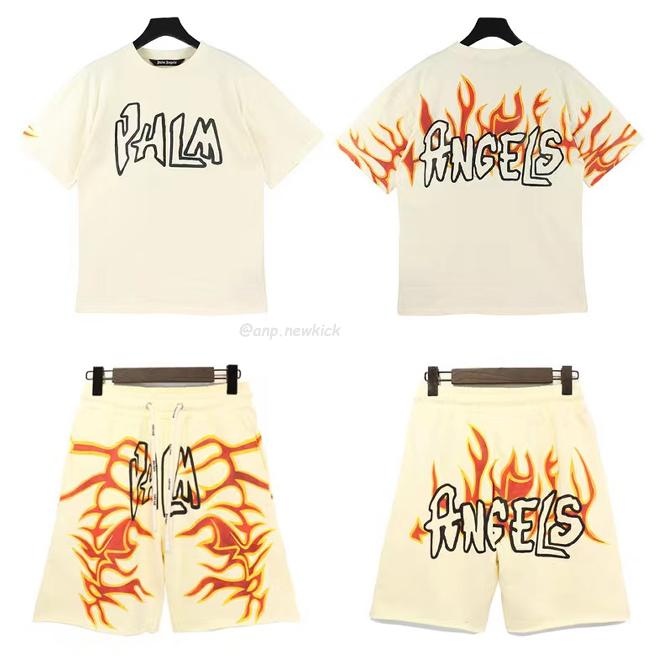 Palm Angels Graffiti Flame T Shirt Shorts Black White (9) - newkick.vip